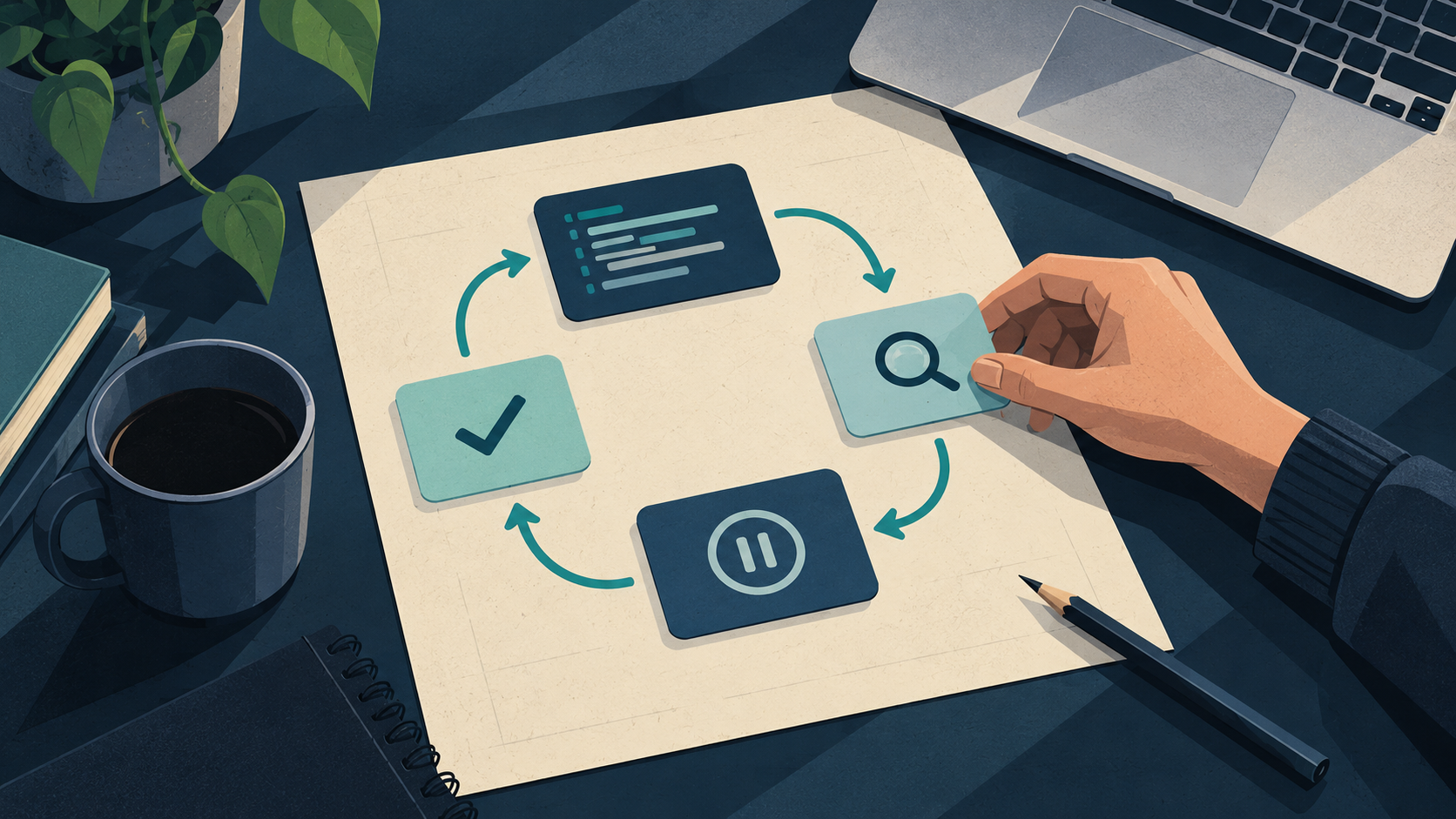 An illustrated planning sheet with code, review, pause and check cards connected into a development loop, beside a laptop.