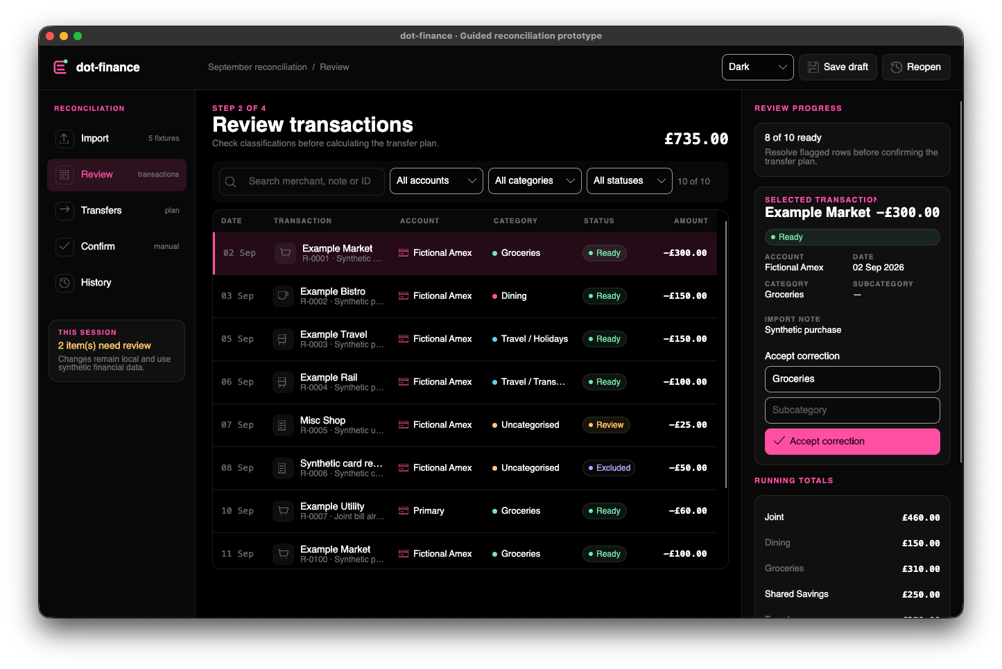 The later prototype showing a populated transaction ledger, selected transaction editor and the visible upper portion of running totals.